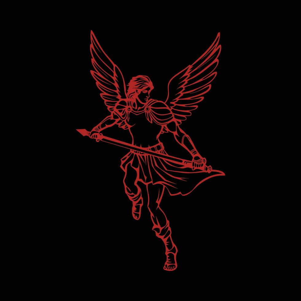 röd ängel med svärd på svart bakgrund vektor