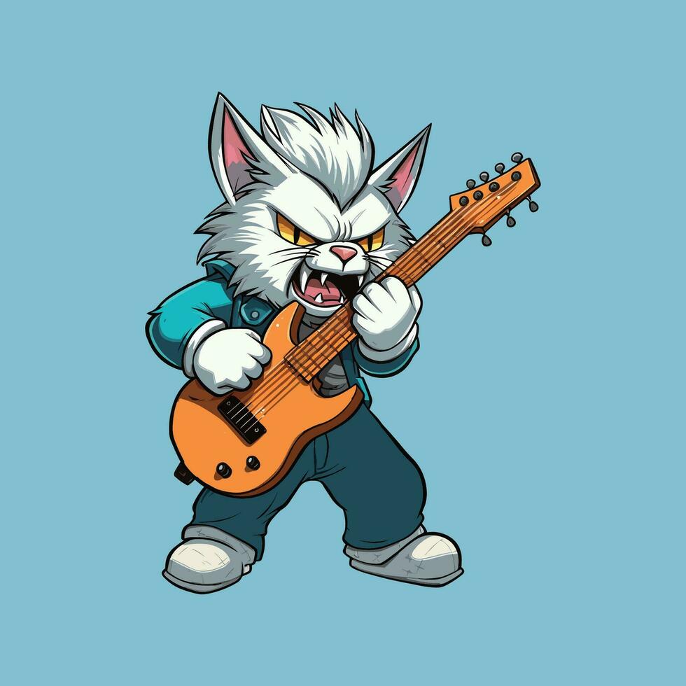 söt katt sten stjärna spelar gitarr illustration vektor