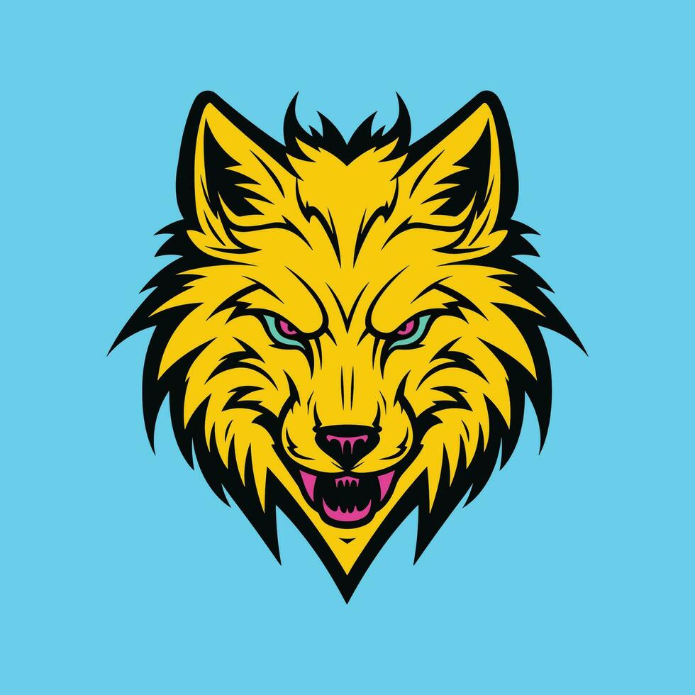 Gelb Wolf Kopf Illustration auf Blau Hintergrund vektor