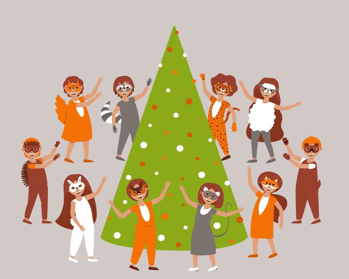 Kinder in Karnevalskostümen und Masken von Waldtieren tanzen um den Weihnachtsbaum vektor
