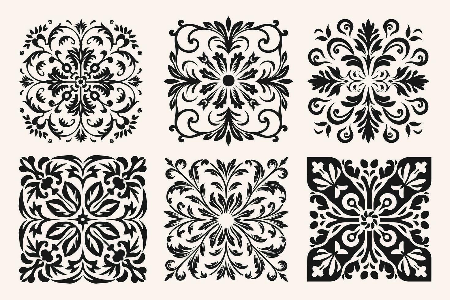 dekorativ schwarz und Weiß Mosaik Fliese Schablone, im das Stil von aufwendig Barock, gerundet, Blumen, einfach vektor