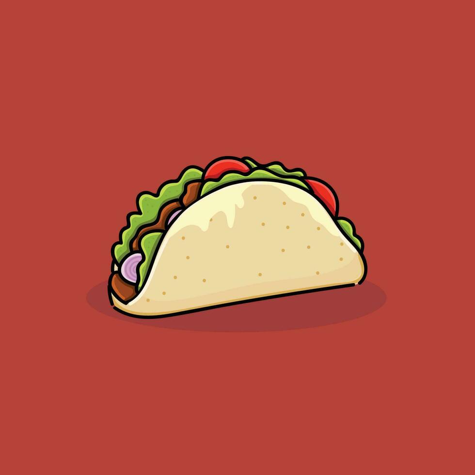 taco, snabbmat ikon, meny mellanmål, mexikansk mat smörgås, vektor isolerade. snabbmatsrestaurang och gatumat mellanmål, taco tortilla med kött med grönsaker, leverans av hämtmat