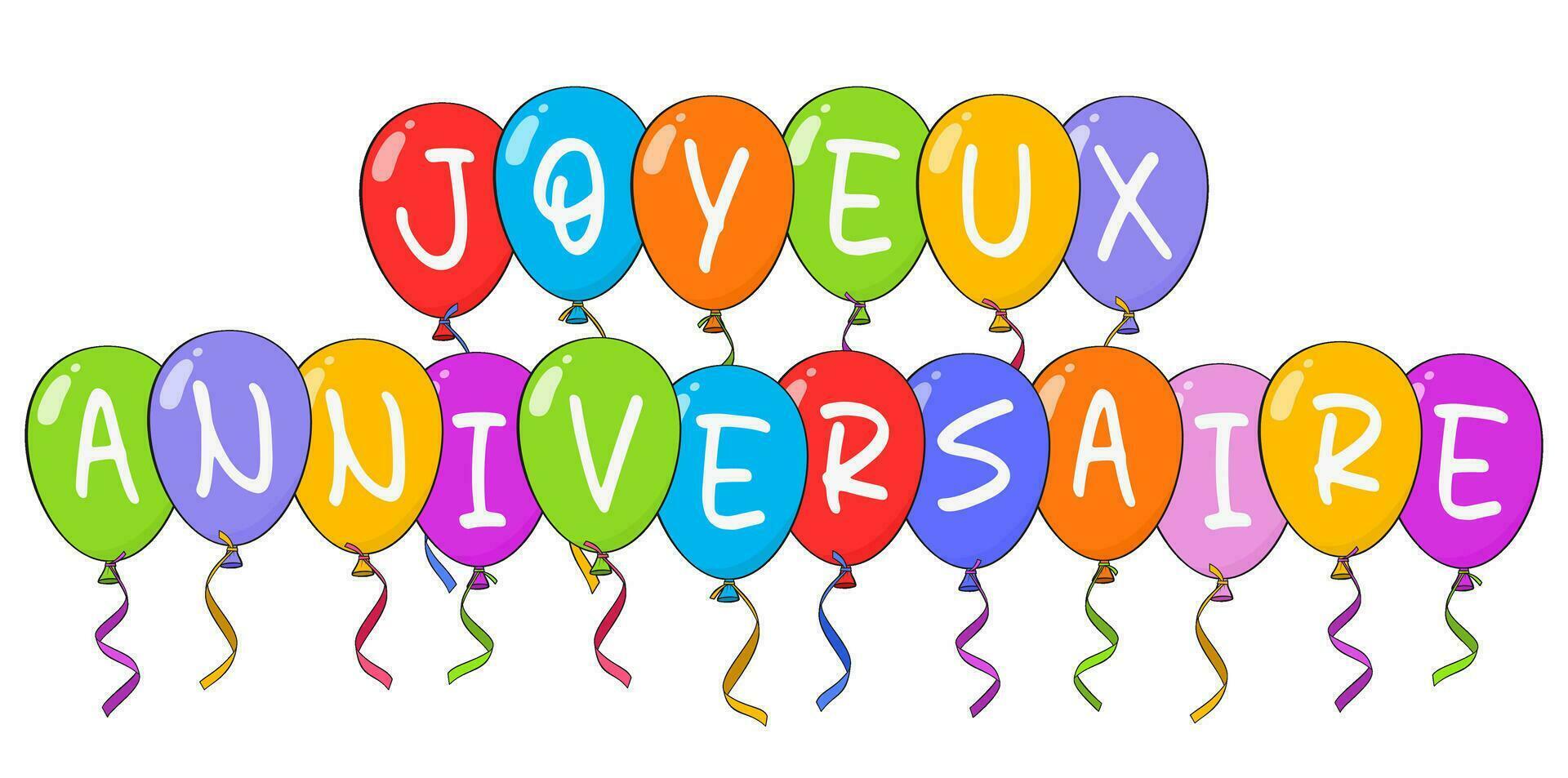 glücklich Geburtstag Beschriftung im Französisch - - joyeux Jubiläum - - mit bunt Luftballons vektor