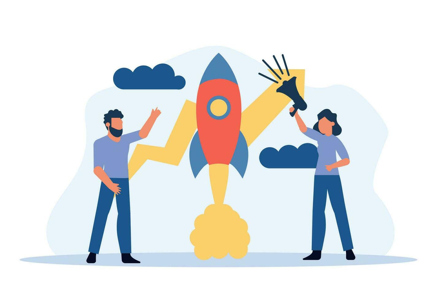 Business Analytics in Cloud Arrow Vector Leadership Company. Menschen fordern Teamarbeit heraus. flache jobmarketing-konzeptillustration. Wachstum mit Rocket Investment Service. Trendergebnis für Mann und Frau