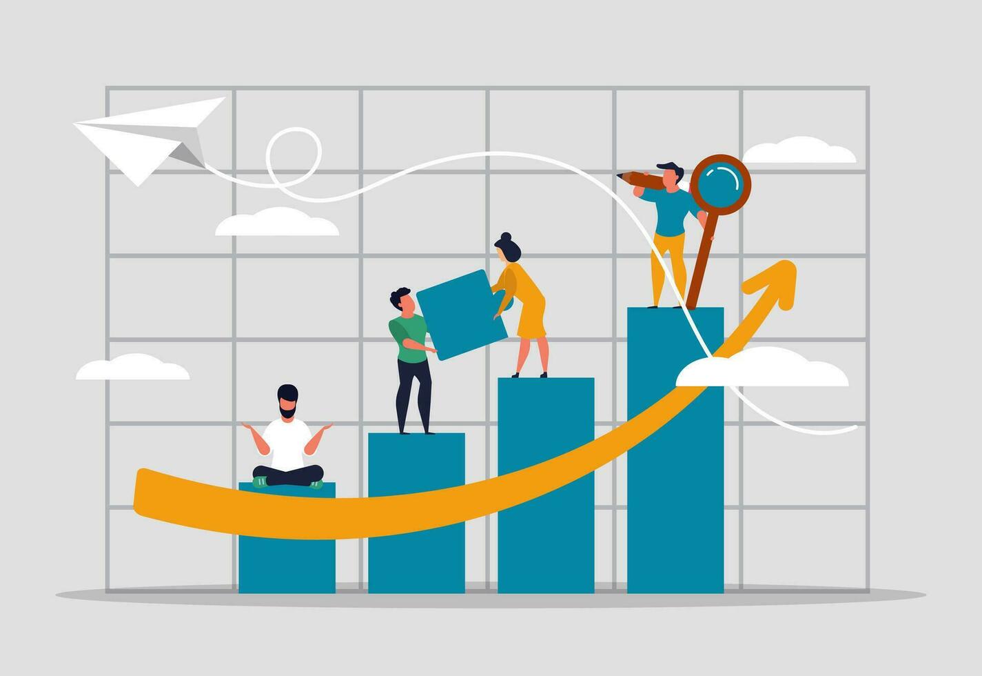 Plan-Zeitplan von Entwicklung von das Unternehmen und Geschäft. Zusammenarbeit hilft erhöhen, ansteigen Profite und Einkommen. Geschäft Menschen Strategie und Mannschaft Erfolg. Menschen sitzen auf das Diagramm. Vektor Illustration Konzept