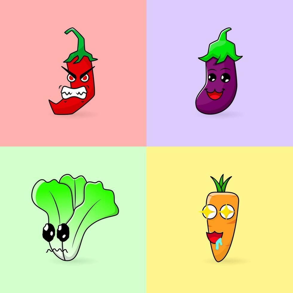 samling av chili, äggplanta, morot, senap grönt maskot illustration. tecknad serie, uttryckssymbol, översikt, Färg stil. ledsen, Lycklig, arg, frestad uttryck. använda sig av för logotyp, klistermärke, skriva ut, ikon, symbol vektor