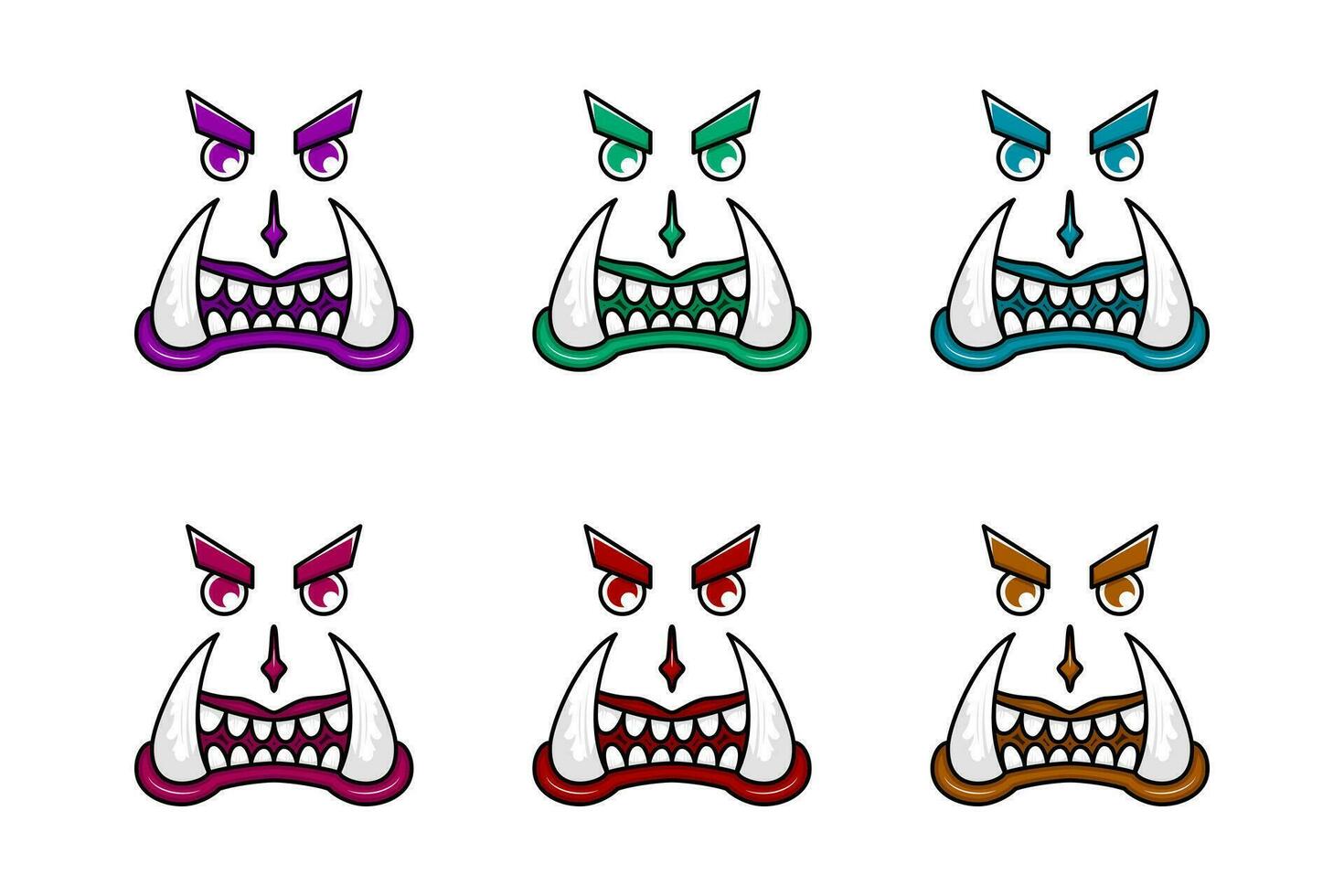 samling av monster ansikte med huggtänder. lila, grön, blå, rosa, röd och gul. Begagnade för halloween, klistermärke, logotyp och t-shirt design vektor