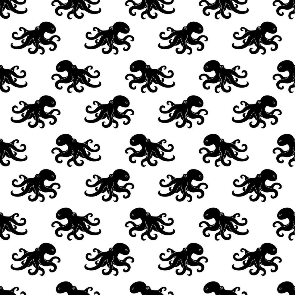 sömlös mönster med bläckfisk silhuett. klotter svart och vit vektor illustration.