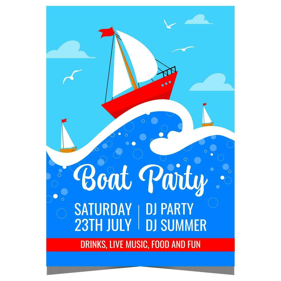 båt fest affisch för sommar semester eller Semester med röd nöje Yacht segling på de hav vågor. vektor illustration lämplig för båt fest inbjudan, marin kryssning eller resa promo baner.