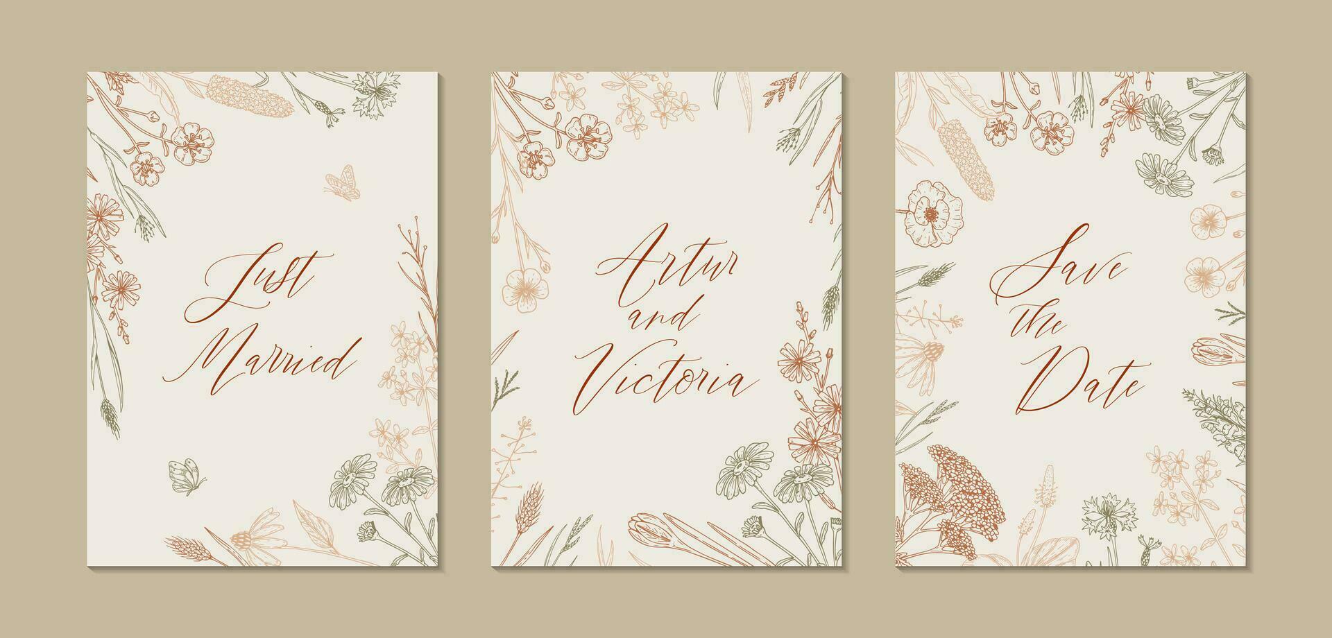 två sida bröllop inbjudan med hand dragen sommar örter. vertikal vild design. vektor illustration i skiss stil. äng blommor estetisk bakgrund