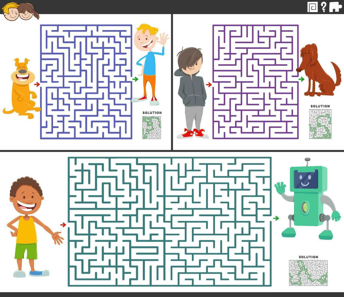 labyrint aktivitet spel uppsättning med tecknad serie barn myra deras husdjur och leksaker vektor