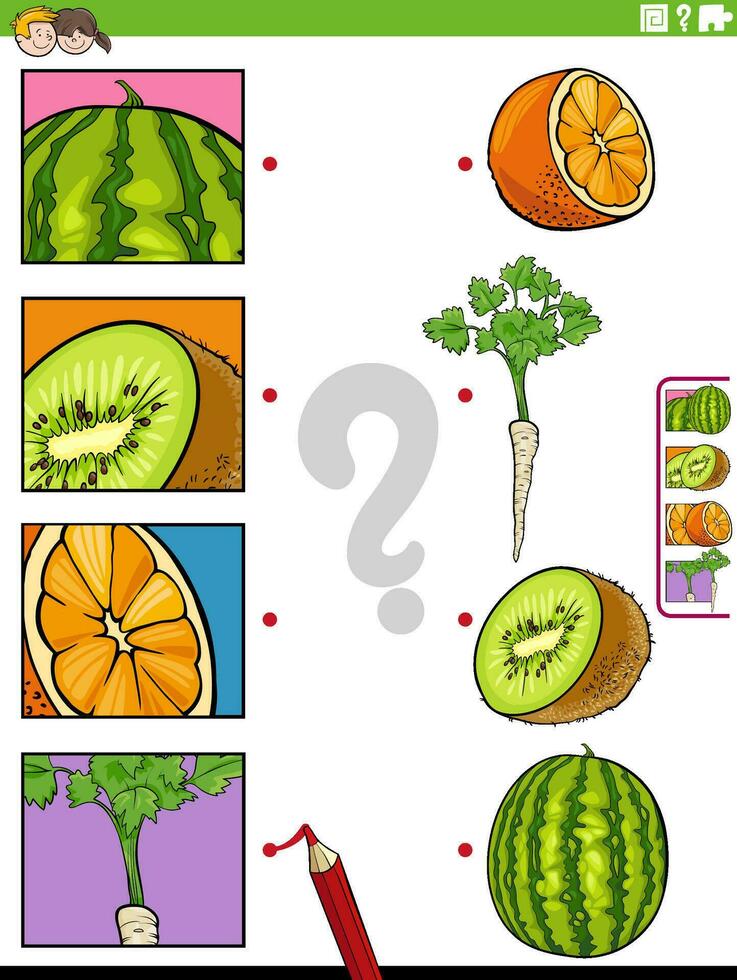 match tecknad serie frukt och grönsaker och urklipp pedagogisk spel vektor