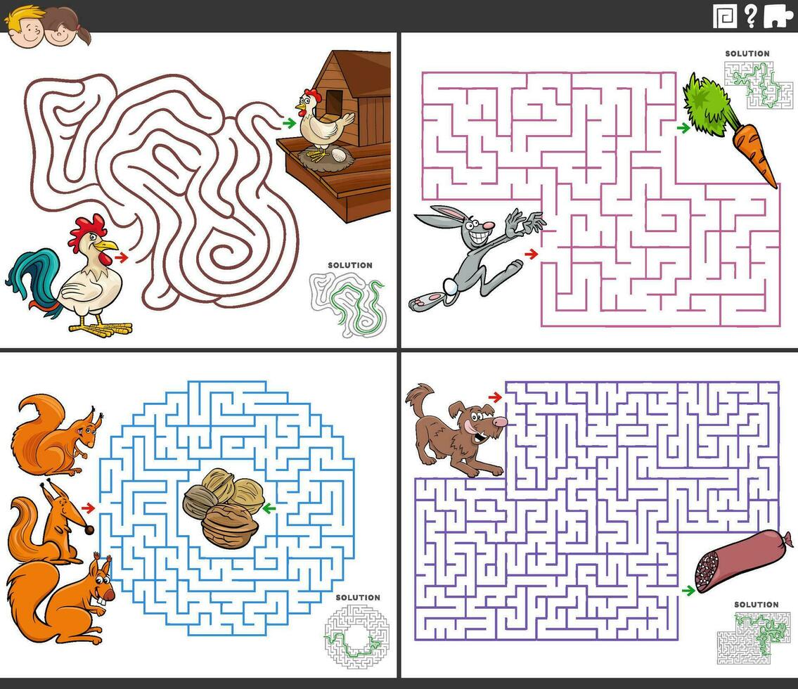 labyrint aktivitet spel uppsättning med tecknad serie djur- tecken vektor