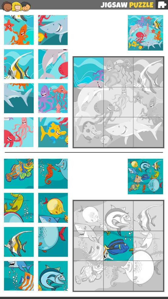 kontursåg pussel spel uppsättning med tecknad serie marin djur- tecken vektor
