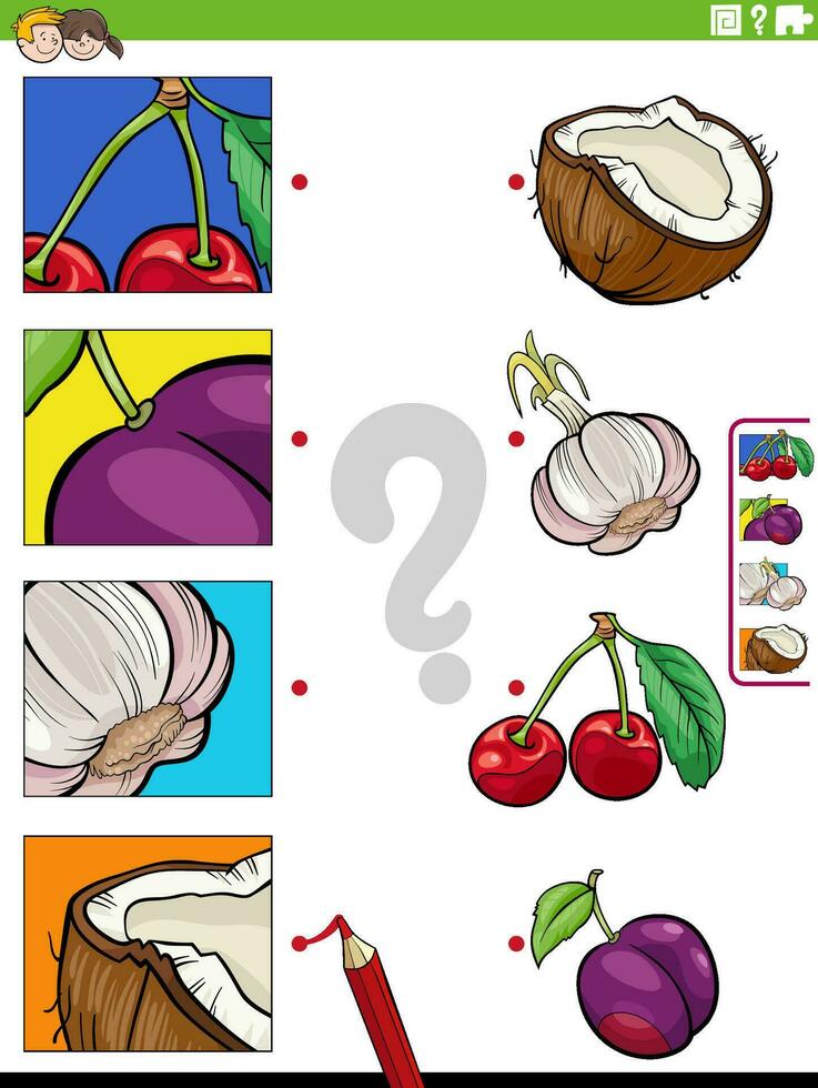 Spiel Karikatur Obst und Gemüse und Ausschnitte lehrreich Aufgabe vektor