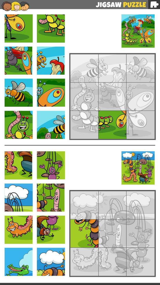 Puzzle Puzzle Spiele einstellen mit Karikatur Insekten Tier Zeichen vektor