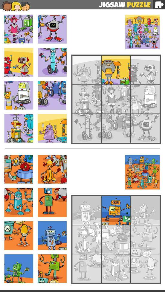 Puzzle Puzzle Aktivitäten einstellen mit Karikatur Roboter Zeichen vektor