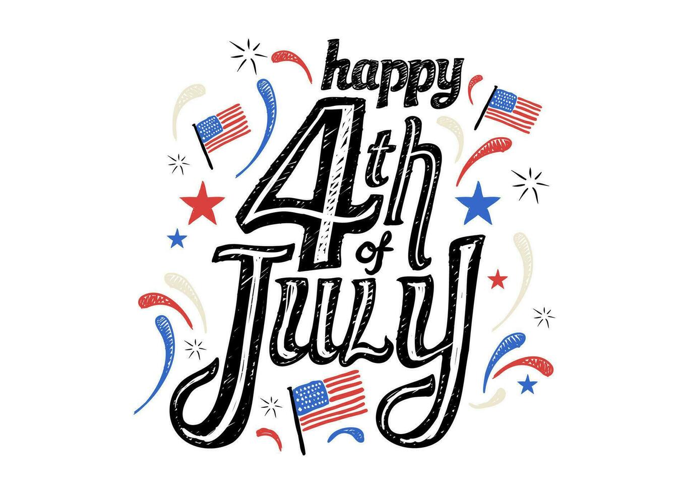 enkel 4:e av juli oss oberoende dag firande baner med hand dragen typografi oss flagga och fyrverkeri illustration vektor