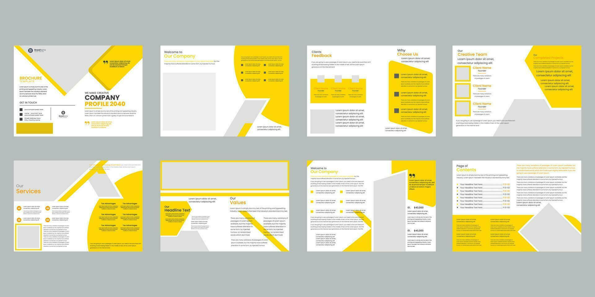 Unternehmen Profil, Flyer Satz, Portfolio, Geschäft Buch, Zeitschrift, Präsentation, Unternehmen, jährlich Bericht, Poster, Design Vorlagen, einstellen von Gelb Broschüre vektor