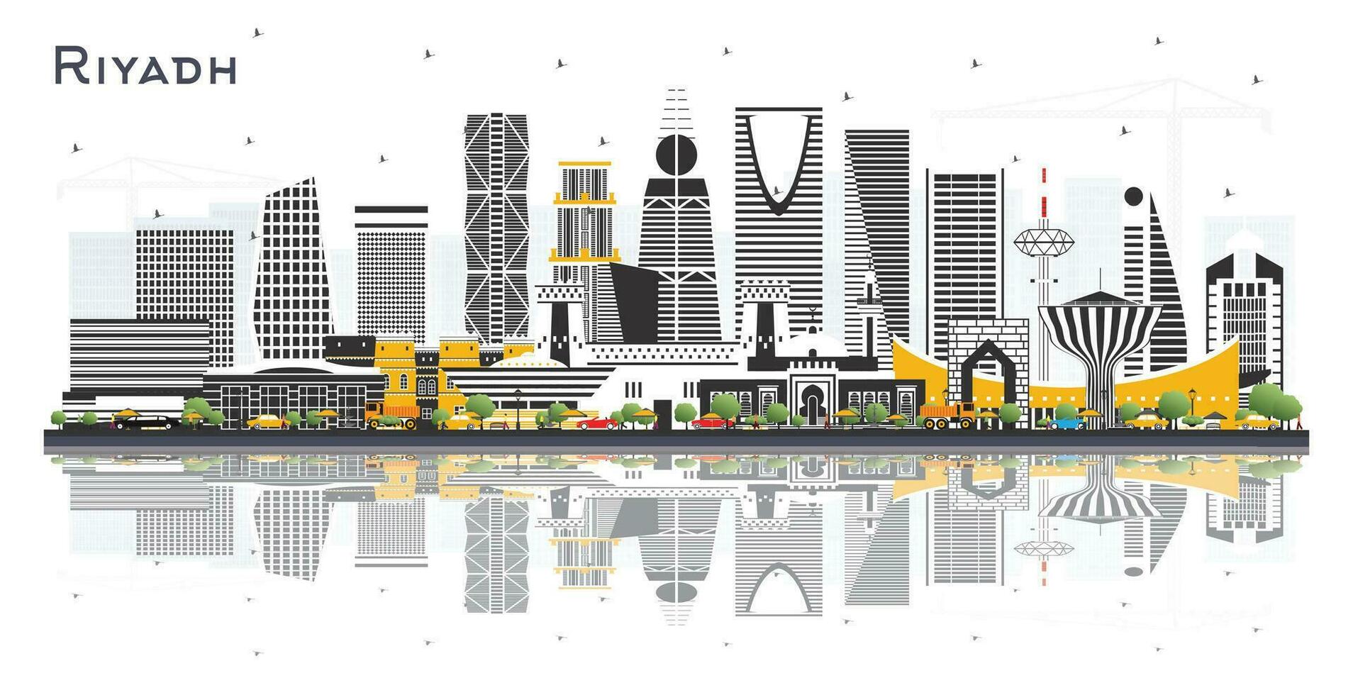 riyadh saudi arabien stad horisont med Färg byggnader och reflektioner isolerat på vit. vektor