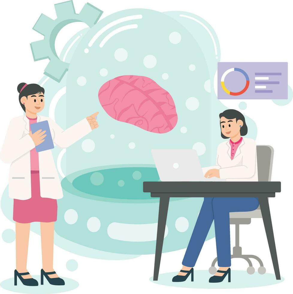 zwei Frauen diskutieren künstlich Intelligenz Gehirn Forschung Illustrationfrau, diskutieren, Arbeit vektor