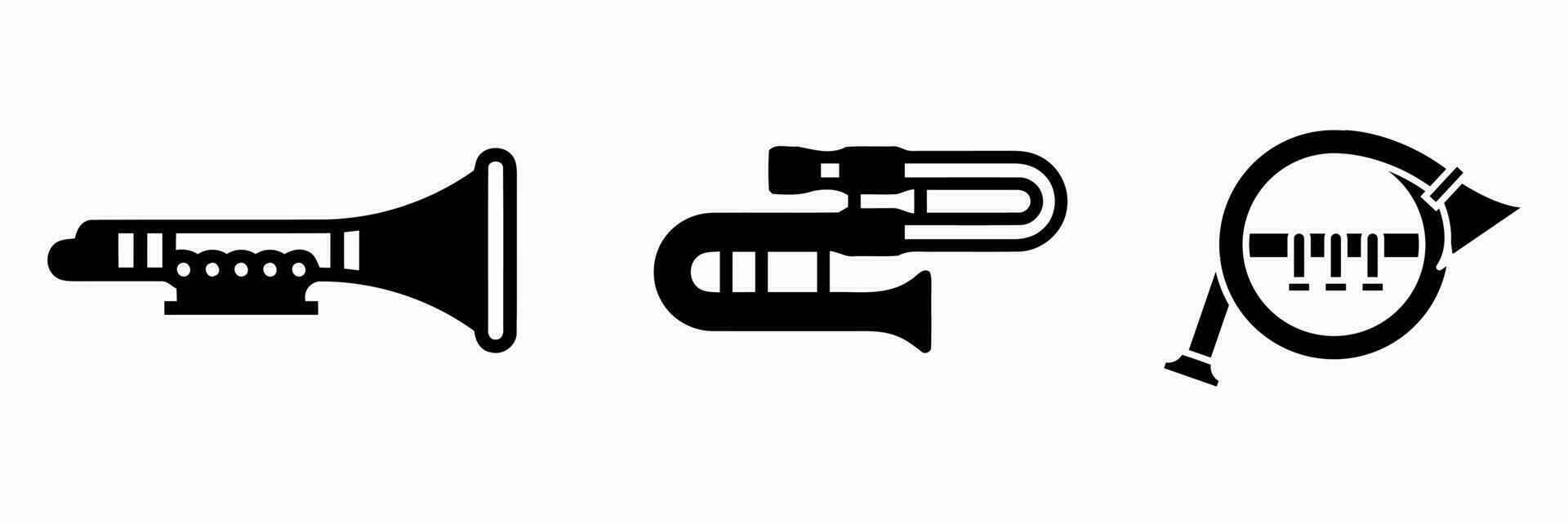 Trompete Symbol Satz. Trompete schwarz und Weiß Illustration. Lager Vektor. vektor