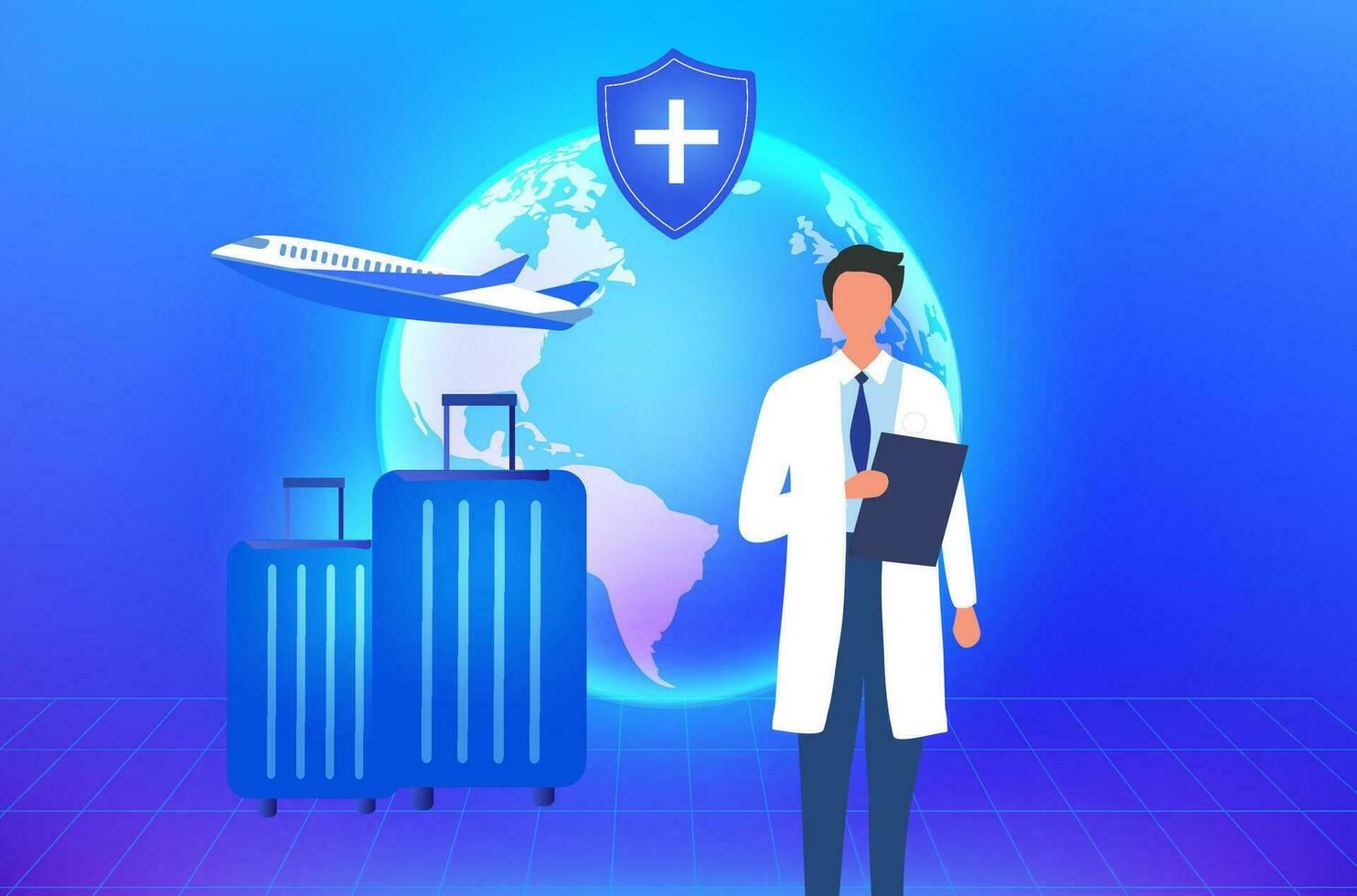 medizinisch Tourismus Bedienung Konzept, Arzt mit medizinisch Versicherung Schutz Schild, herzlich willkommen Tourist Passagier von global Netzwerk. vektor