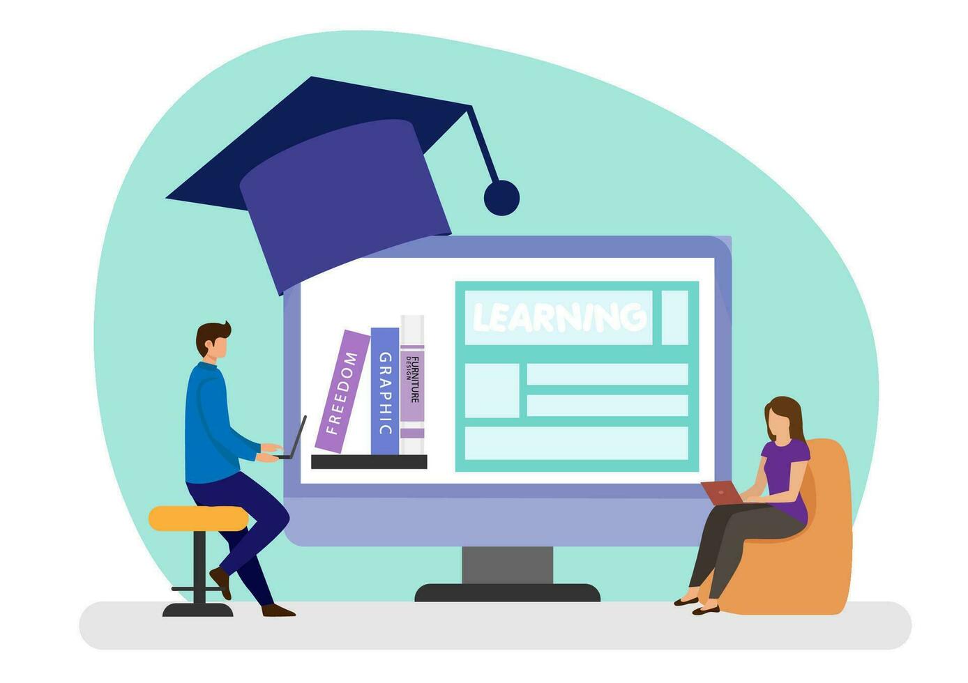 Hem inlärning begrepp, uppkopplad inlärning, e-learning video ring upp distans inlärning, platt vektor illustration.