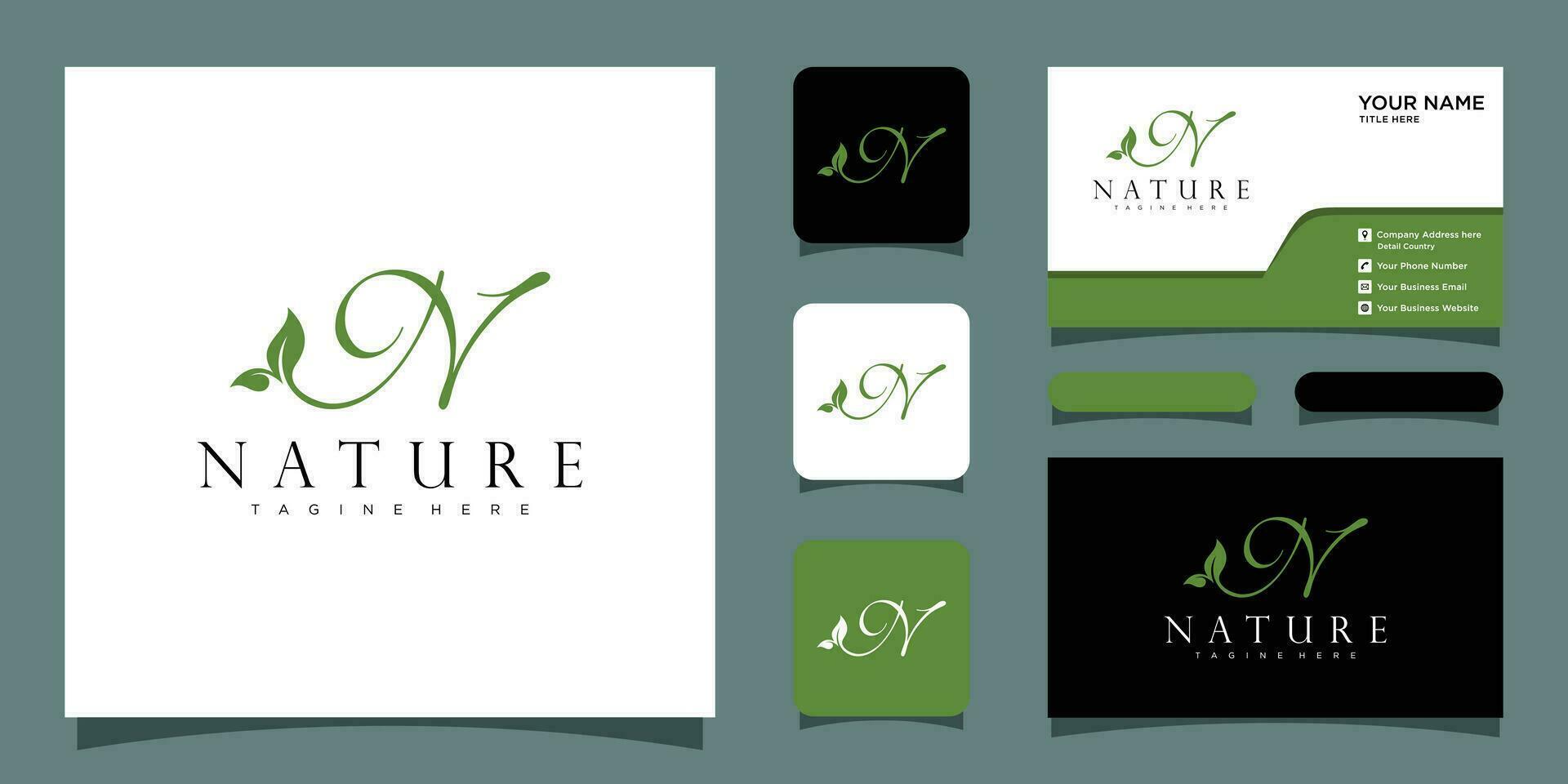 Initiale Brief n mit Blatt Luxus Logo. Grün Blatt Logo mit Geschäft Karte Design Prämie Vektor