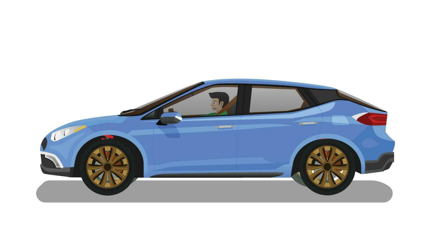Konzept Vektor Illustration von detailliert Seite von ein eben Blau Wagen. mit Schatten von Wagen. können Aussicht Innere von Auto mit Treiber. isoliert Weiß Hintergrund.