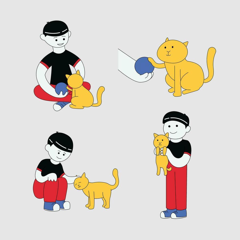 uppsättning illustration av en pojke spelar med en katt vektor