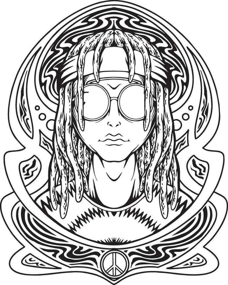 funky Hippie Außerirdischer Dreadlocks mit Rahmen Kunst Jugendstil einfarbig Vektor Abbildungen zum Ihre Arbeit Logo, Fan-Shop T-Shirt, Aufkleber und Etikette Entwürfe, Poster, Gruß Karten Werbung Geschäft