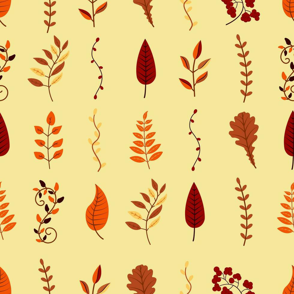 Herbst nahtlos Muster Hintergrund von Blätter und Geäst von anders Bäume. Vektor Illustration. warm retro Farben