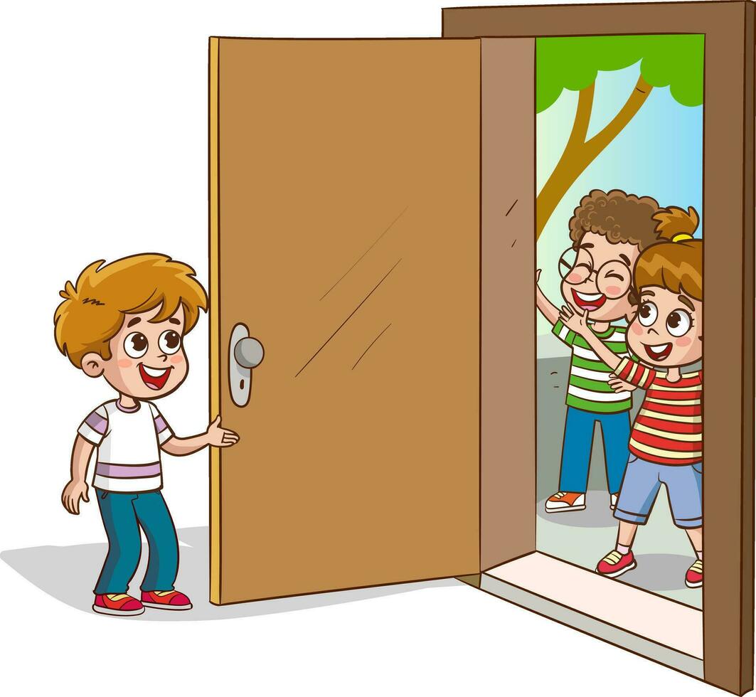 Mädchen Begrüßung Gäste beim das Tür Vektor Illustration