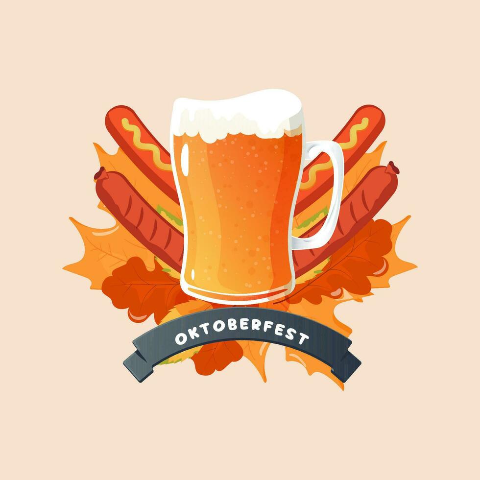 oktober fest emblem öl, korv och lummig bakgrund vektor