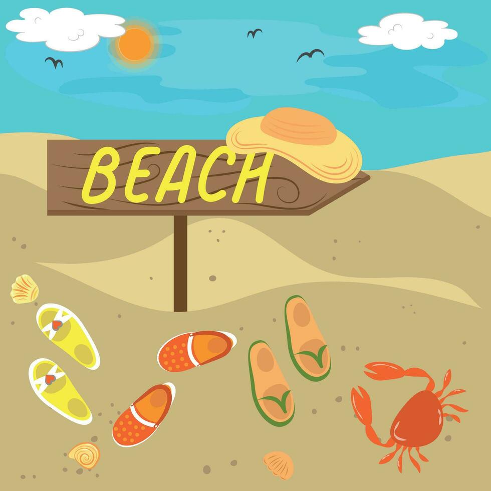 tecken de strand med tofflor, en krabba och en hatt nära den vektor