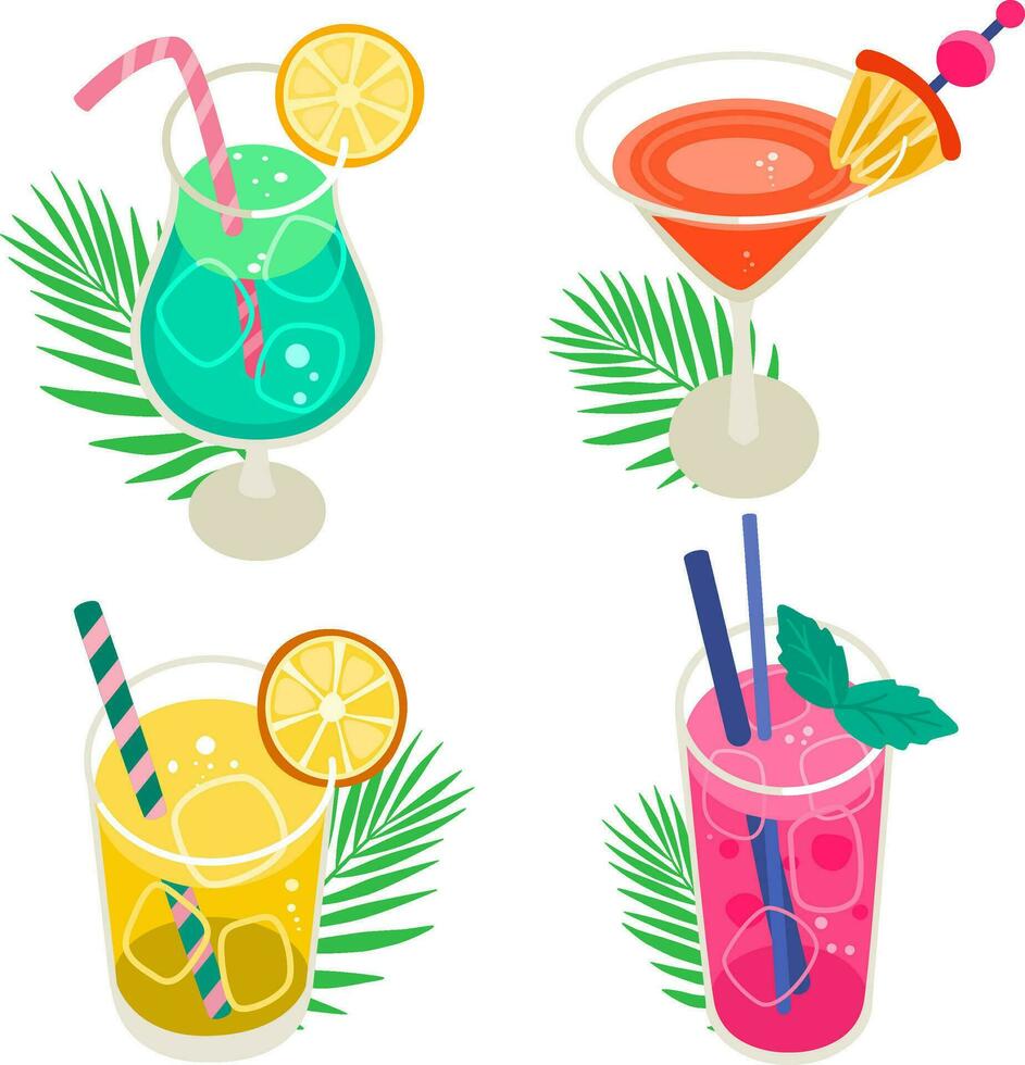 en uppsättning av färsk sommar cocktails. färgrik drycker isolerat på vit bakgrund. vektor