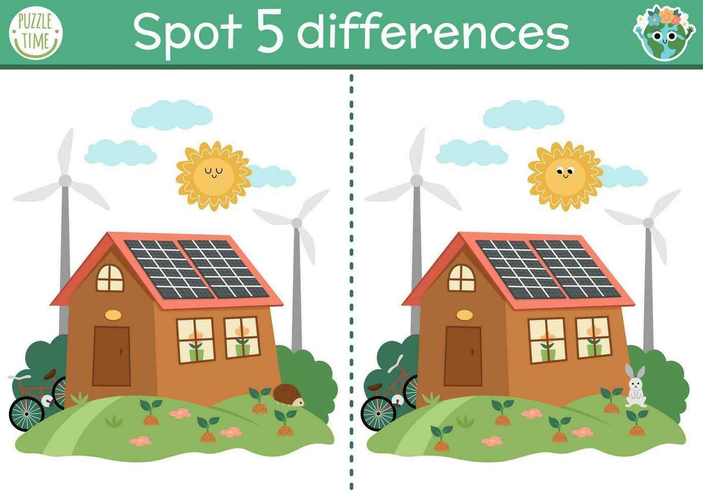 finden Unterschiede Spiel zum Kinder. ökologisch lehrreich Aktivität mit süß Haus, Solar- Tafeln, Wind Turbinen. Erde Tag Puzzle zum Kinder. Öko Bewusstsein oder Null Abfall druckbar Arbeitsblatt, Seite vektor