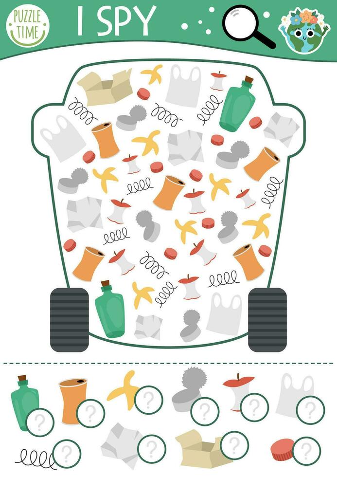 ekologisk jag spionera spel för ungar. sökande och räkning aktivitet med sopor och skräp bin. jord dag tryckbar kalkylblad för förskola barn. enkel noll avfall eller sortering spotting pussel vektor