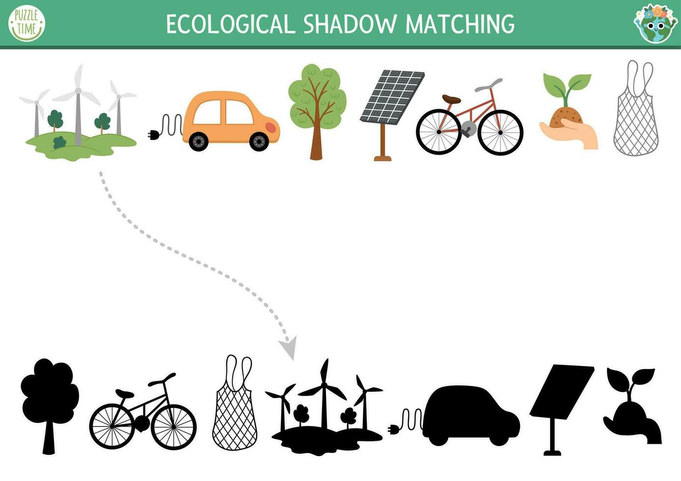 ekologisk skugga matchande aktivitet med alternativ energi källor och transport. jord dag pussel. hitta korrekt silhuett tryckbar kalkylblad eller spel. eco medvetenhet sida för barn vektor