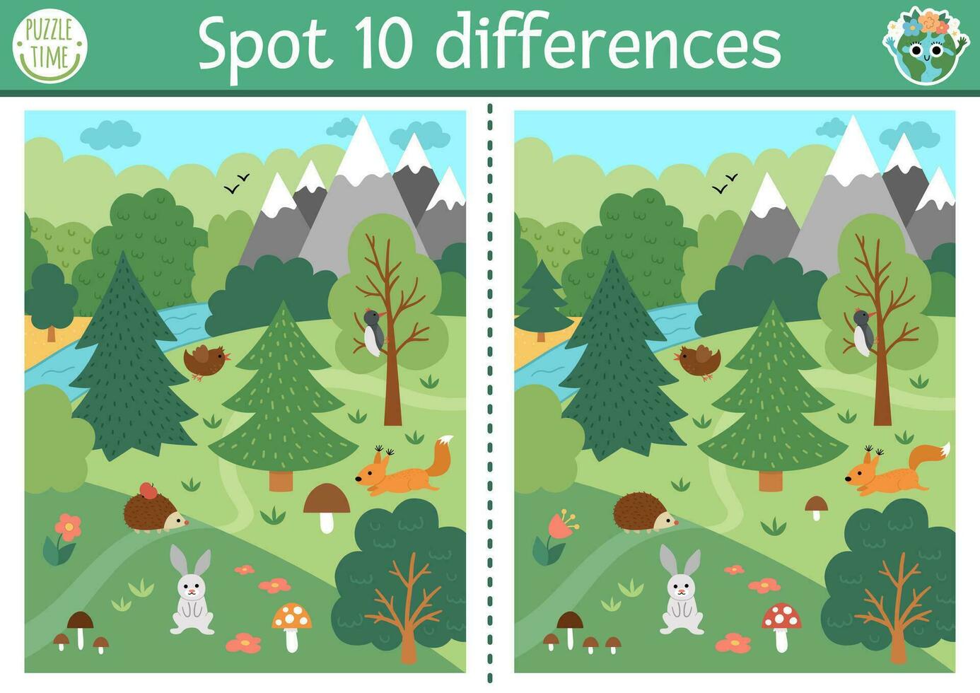 finden Unterschiede Spiel zum Kinder. ökologisch lehrreich Aktivität mit süß Natur Wald Szene, Tiere. Erde Tag Puzzle zum Kinder. Öko Bewusstsein druckbar Arbeitsblatt mit gefährdet Tier vektor