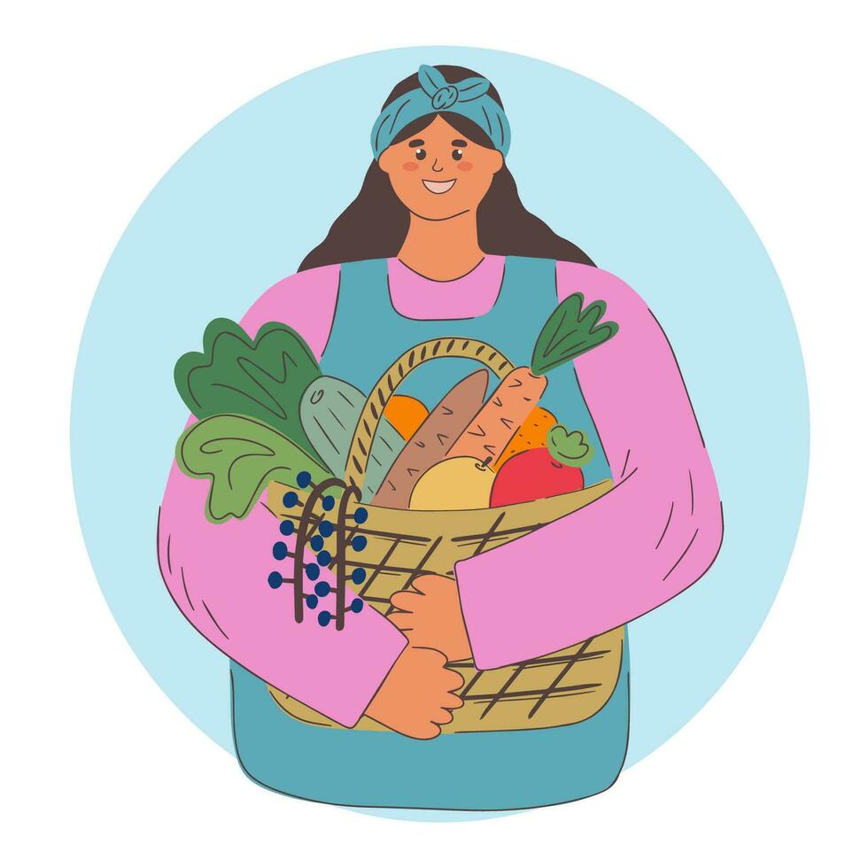 glücklich Frau mit ein Korb von Gemüse und Früchte. das Konzept von Ernte oder Vegetarismus. Nahansicht eben Illustration. isoliert Vektor