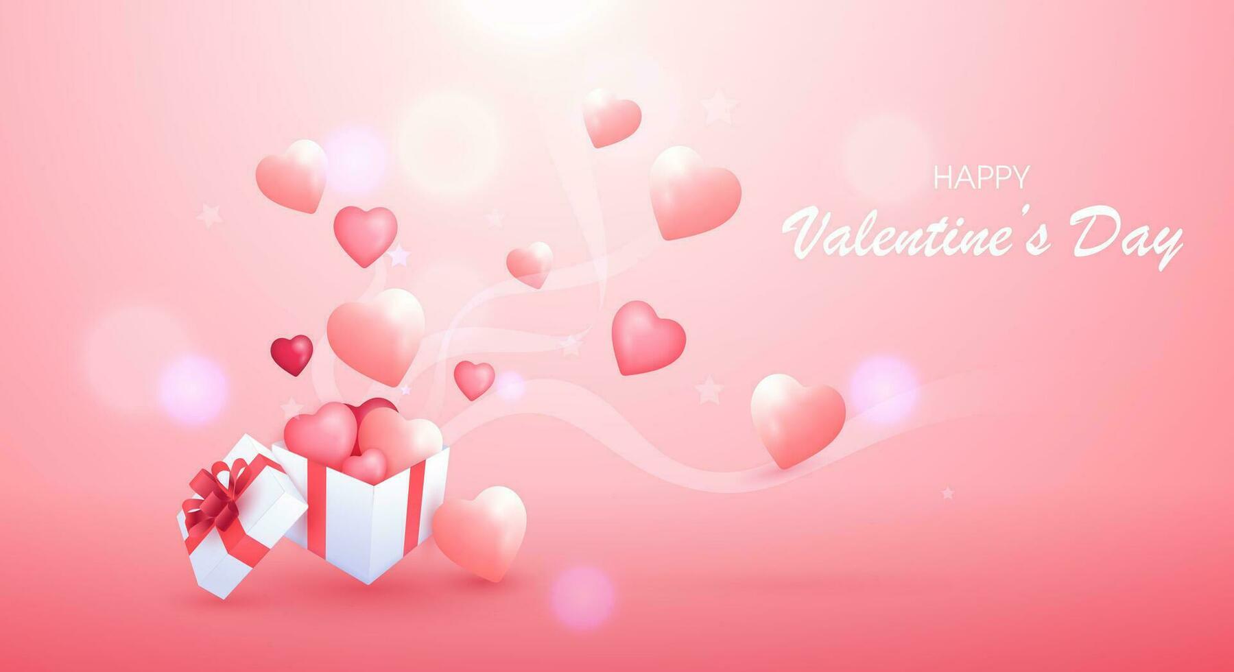 glücklich Valentinstag Tag mit Öffnung Geschenk Box und fliegend schön Herzen verschwommen Hintergrund. Valentinstag Tag Verkauf Poster, Netz Banner, Werbung und Einladung Karte. Vektor Illustration