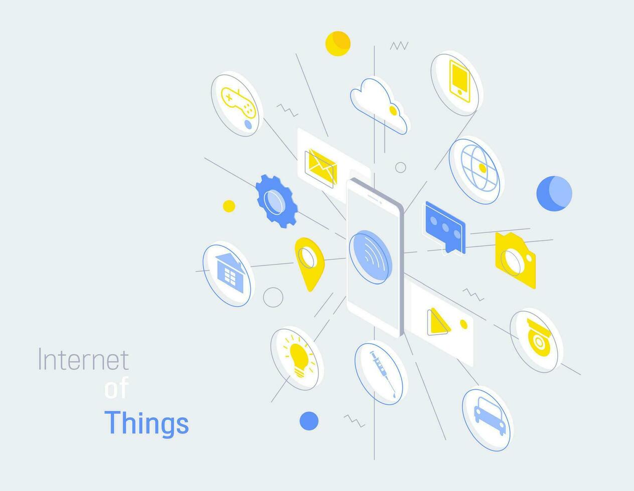 Internet von Dinge und Internet Verbindungen Infografik modern linear Stil, Handy, Mobiltelefon Steuerung in Verbindung gebracht mit Artikel und Dienstleistungen. Vektor Illustration.