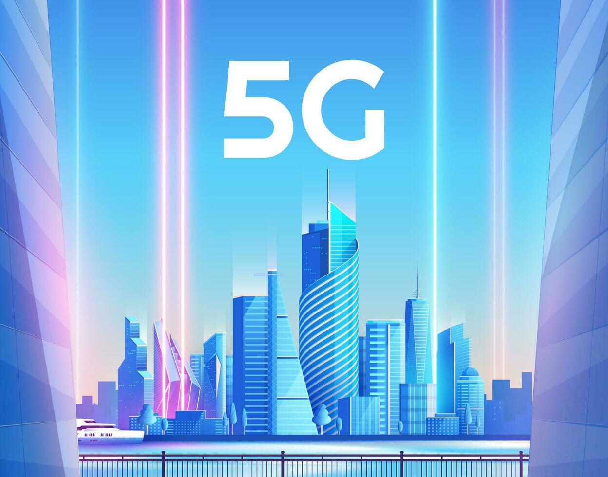 5g kabellos Netzwerk und Clever Stadt Konzept. Nacht städtisch Stadt mit Dinge und Dienstleistungen Symbole Verbindung, Internet von Dinge, 5g Netzwerk kabellos mit hoch Geschwindigkeit Verbindung eben Design. vektor