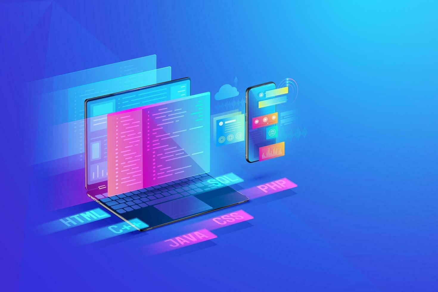 webb utveckling, Ansökan design, kodning och programmering på bärbar dator och smartphone begrepp med programmering språk och program koda och layout på skärm vektor. vektor