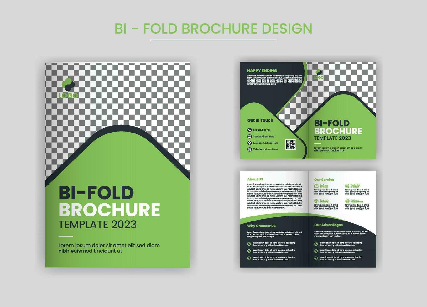 korporativ Geschäft zweifach gefaltet Broschüre Vorlage, Layout mit einzigartig und Fachmann Gestaltung, mit Grün Farbe Formen Profi Vektor