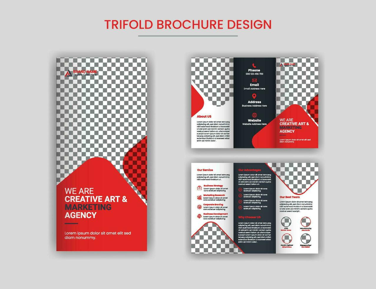 kreativ korporativ Geschäft dreifach Broschüre entwerfen, professionell tri falten Broschüre Design Layout mit rot Farbe Profi Vektor. vektor