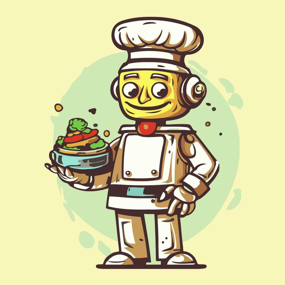 Karikatur Koch mit ein Teller von Essen im seine Hand. Vektor Illustration.