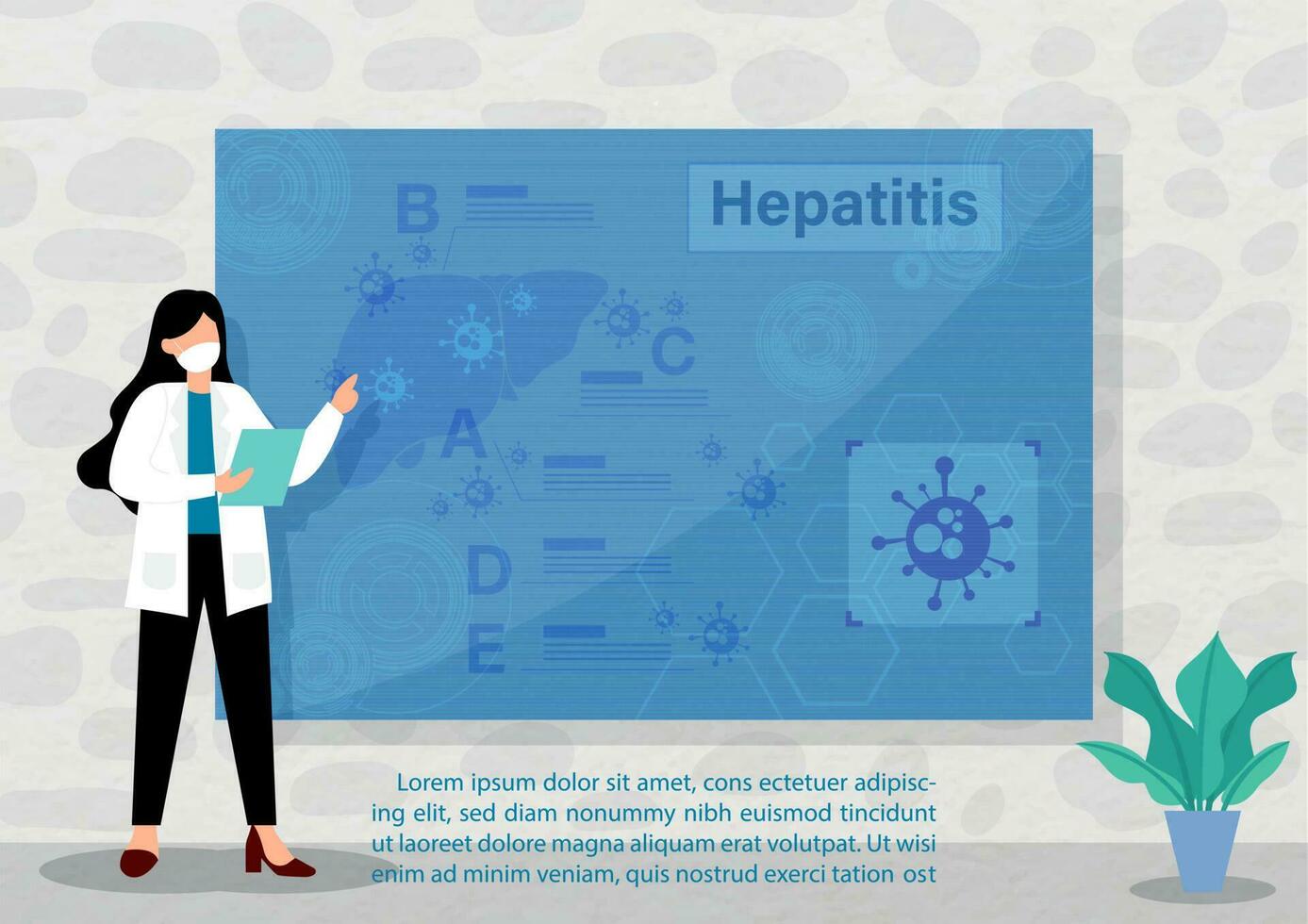 Arzt im Karikatur Charakter erklären Über Hepatitis mit das Riese Computer Bildschirm und Beispiel Texte im ein klinisch Zimmer. Welt Hepatitis Tage Poster Kampagne im eben Stil und Vektor Design.